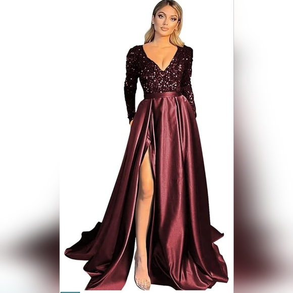 Dresses & Skirts - Elegant Burgundy Sequin Evening Gown